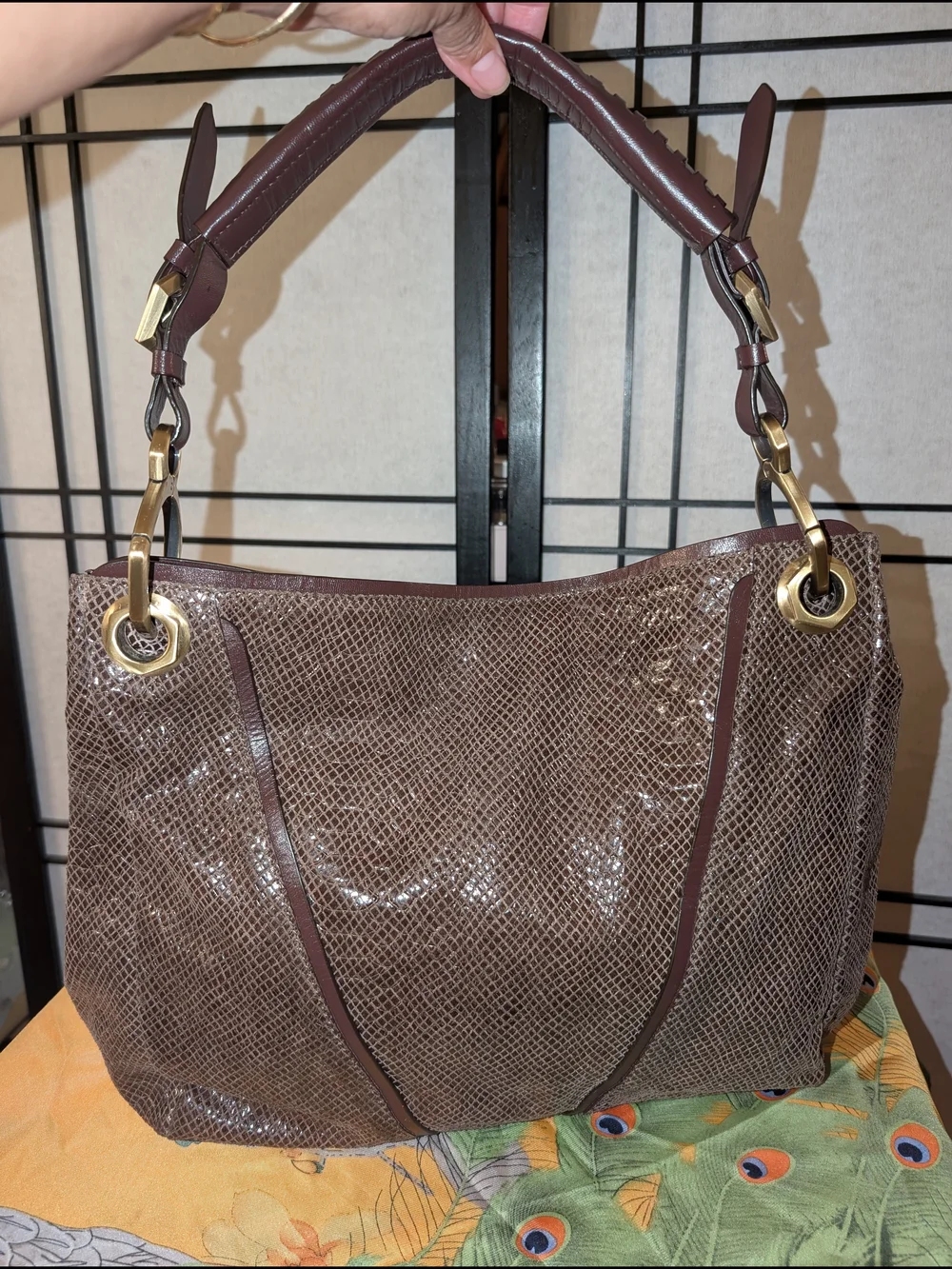 B. Makowsky Snakeskin-Embossed Bag | Taupe & Burgundy | Gold-Tone Hardware